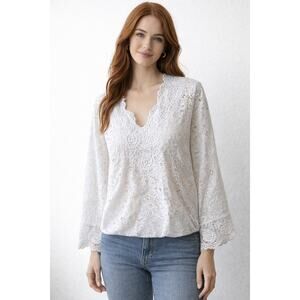 Temptation Lace Eyelet Crochet White Blouse, Bell Sleeve Elastic Bottom Medium